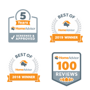 All Star's Home Advisor Awards, Best of Home Advisor 2018 and 2019, 100 5-star Reviews, 5 years screened and approved